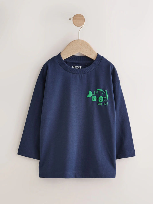 |Boy| Camiseta Azul Marinho De Manga Comprida Com Estampa De Trator (3 meses a 7 anos)