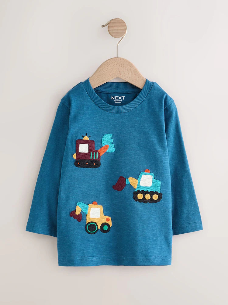 |Boy| Camiseta De Manga Comprida Com Apliques Blue Transport Diggers (3 meses a 7 anos)
