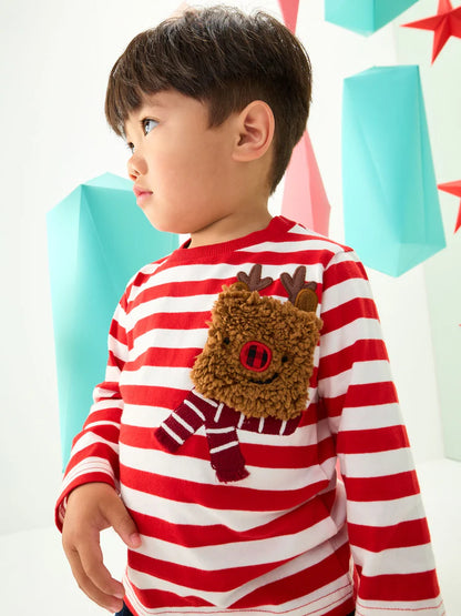 |Boy| Camiseta De Natal De Manga Comprida Com Bolso De Rena Branca/Vermelha (3 meses a 7 anos)