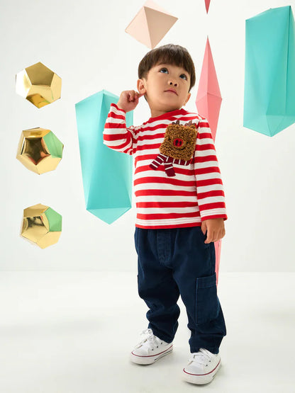 |Boy| Camiseta De Natal De Manga Comprida Com Bolso De Rena Branca/Vermelha (3 meses a 7 anos)