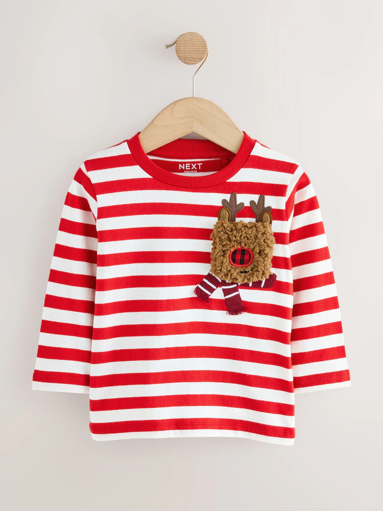 |Boy| Camiseta De Natal De Manga Comprida Com Bolso De Rena Branca/Vermelha (3 meses a 7 anos)