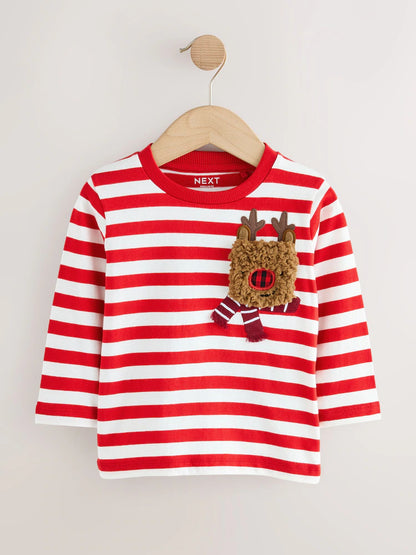 |Boy| Camiseta De Natal De Manga Comprida Com Bolso De Rena Branca/Vermelha (3 meses a 7 anos)