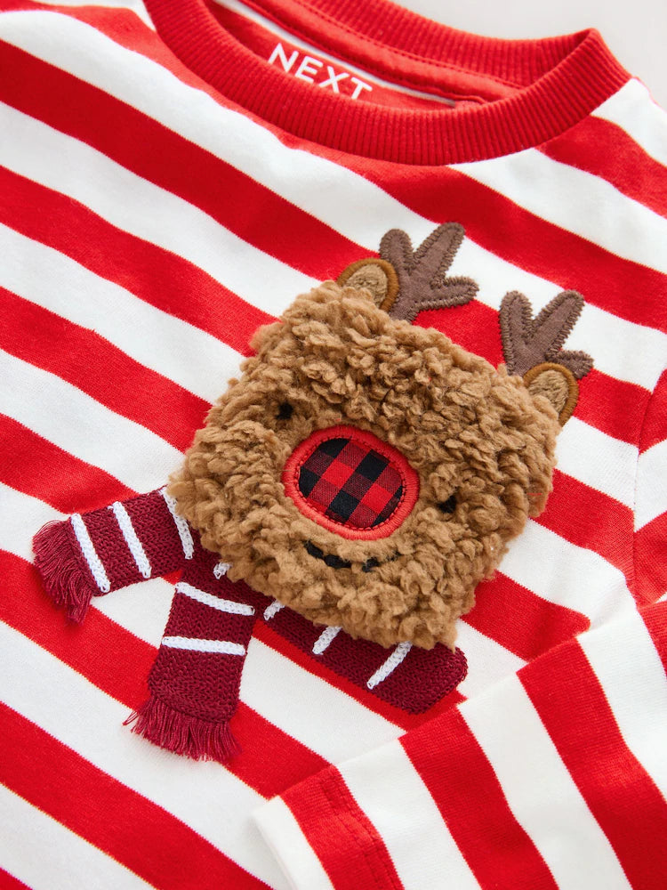 |Boy| Camiseta De Natal De Manga Comprida Com Bolso De Rena Branca/Vermelha (3 meses a 7 anos)