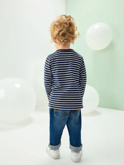 |Boy| Camiseta De Natal De Manga Comprida Com Apliques Azul-Marinho/Branco (3 meses a 7 anos)