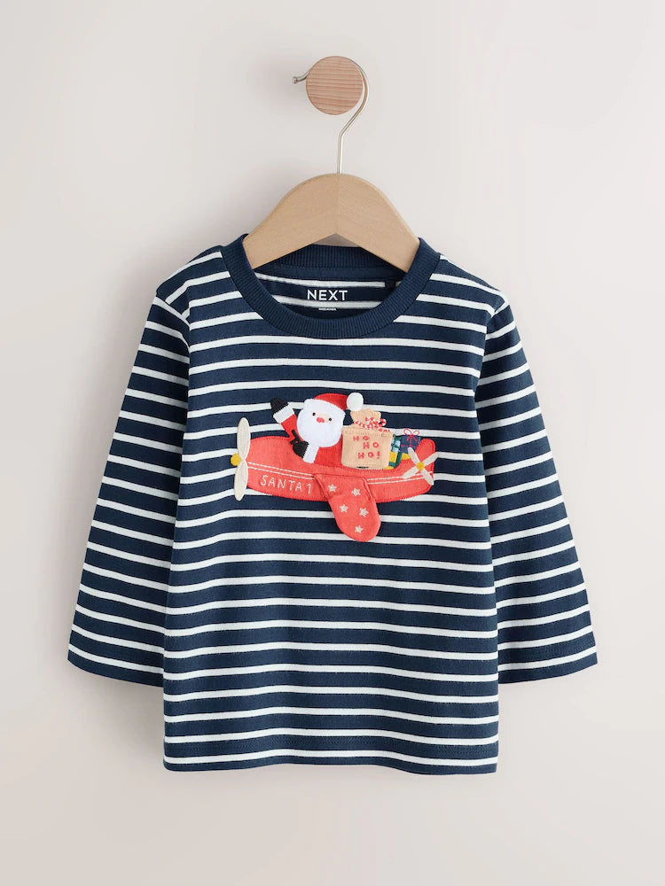 |Boy| Camiseta De Natal De Manga Comprida Com Apliques Azul-Marinho/Branco (3 meses a 7 anos)