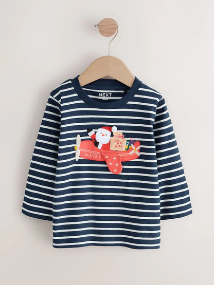|Boy| Camiseta De Natal De Manga Comprida Com Apliques Azul-Marinho/Branco (3 meses a 7 anos)