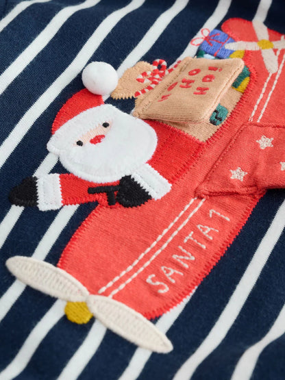 |Boy| Camiseta De Natal De Manga Comprida Com Apliques Azul-Marinho/Branco (3 meses a 7 anos)