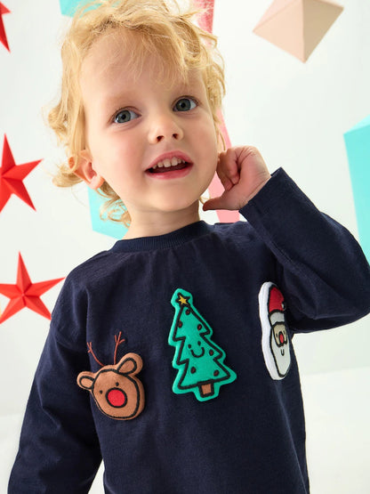 |Boy| Conjunto De Blusa e Leggings De Manga Comprida Com Enchimento De Natal Azul Marinho (3 meses a 7 anos)