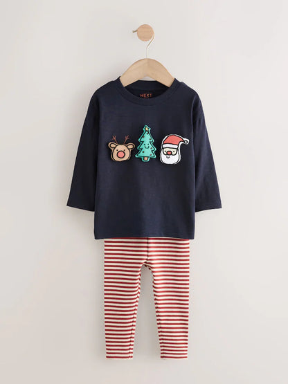 |Boy| Conjunto De Blusa e Leggings De Manga Comprida Com Enchimento De Natal Azul Marinho (3 meses a 7 anos)