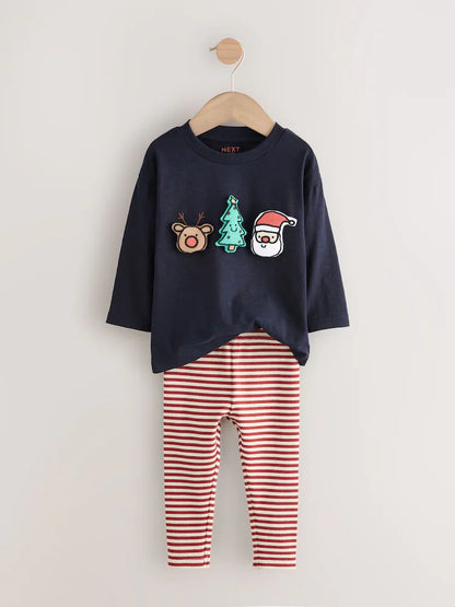 |Boy| Conjunto De Blusa e Leggings De Manga Comprida Com Enchimento De Natal Azul Marinho (3 meses a 7 anos)