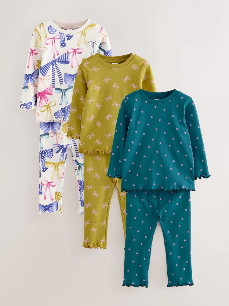 |Girl| Conjunto De 3 Pijamas Aconchegantes Com Estampa De Laços Variados (9 meses a 12 anos)