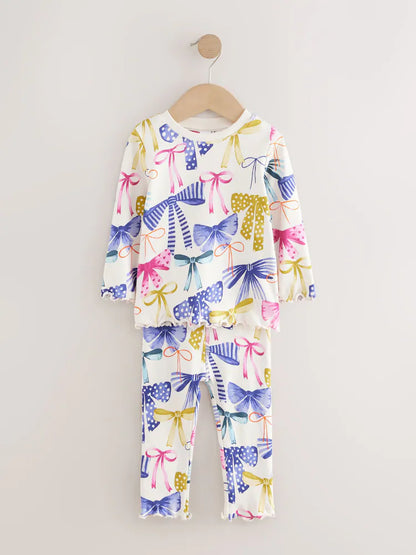 |Girl| Conjunto De 3 Pijamas Aconchegantes Com Estampa De Laços Variados (9 meses a 12 anos)