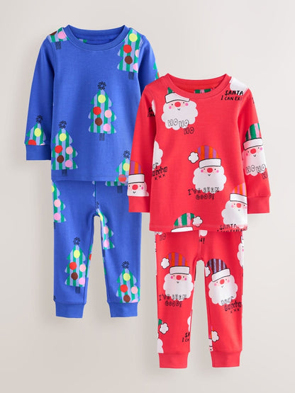 |Girl| Pijama De Natal Papai Noel Vermelho/Azul - Pacote com 2 (9 meses a 12 anos)