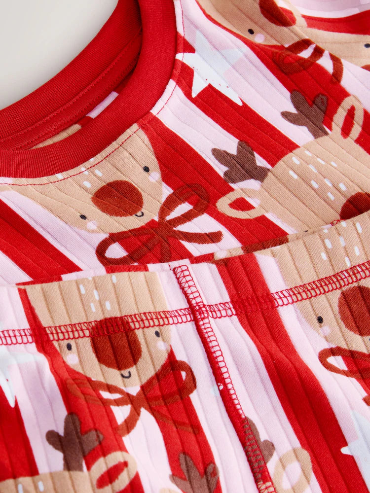 |Girl| Pijama De Natal De Rena Com Listras Vermelhas/Rosa (9 meses a 16 anos)