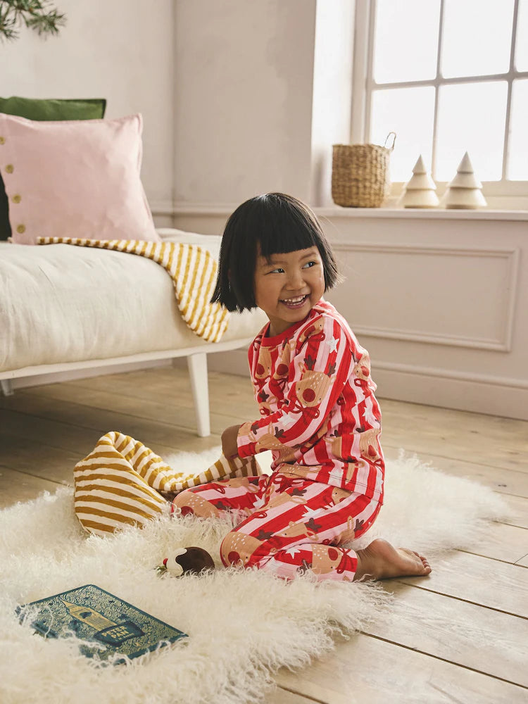 |Girl| Pijama De Natal De Rena Com Listras Vermelhas/Rosa (9 meses a 16 anos)