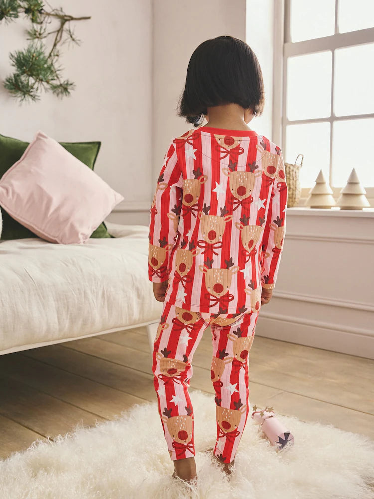 |Girl| Pijama De Natal De Rena Com Listras Vermelhas/Rosa (9 meses a 16 anos)
