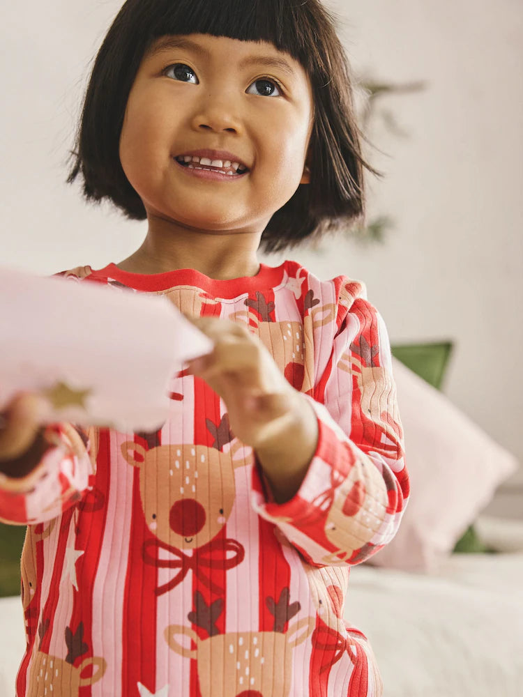 |Girl| Pijama De Natal De Rena Com Listras Vermelhas/Rosa (9 meses a 16 anos)