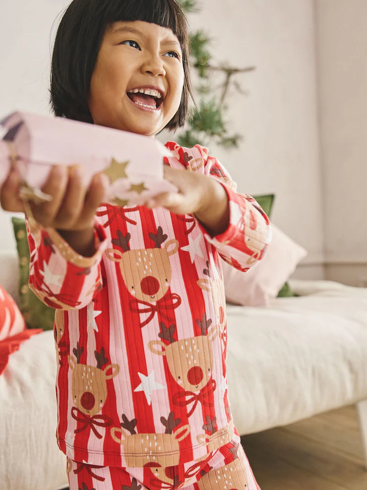 |Girl| Pijama De Natal De Rena Com Listras Vermelhas/Rosa (9 meses a 16 anos)