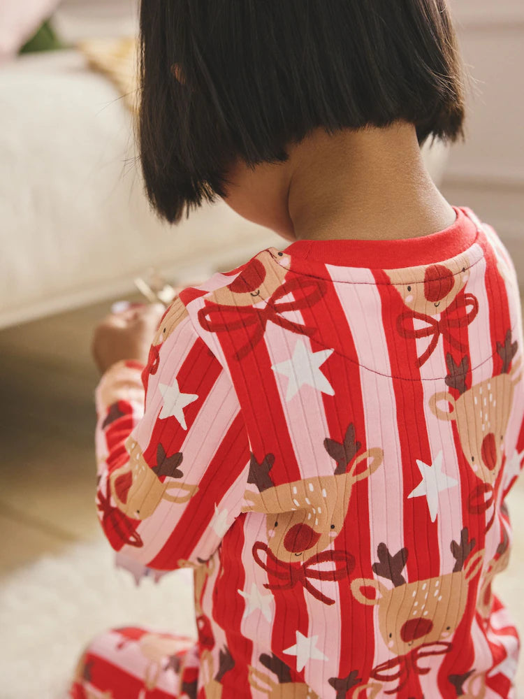|Girl| Pijama De Natal De Rena Com Listras Vermelhas/Rosa (9 meses a 16 anos)