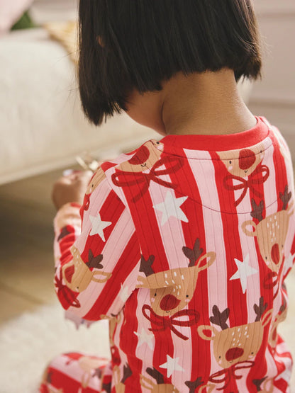 |Girl| Pijama De Natal De Rena Com Listras Vermelhas/Rosa (9 meses a 16 anos)