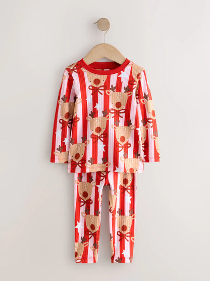 |Girl| Pijama De Natal De Rena Com Listras Vermelhas/Rosa (9 meses a 16 anos)
