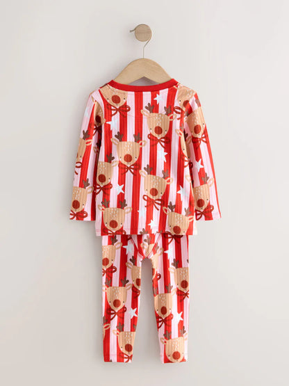 |Girl| Pijama De Natal De Rena Com Listras Vermelhas/Rosa (9 meses a 16 anos)