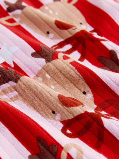 |Girl| Pijama De Natal De Rena Com Listras Vermelhas/Rosa (9 meses a 16 anos)