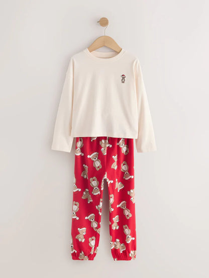 |Girl| Pijama Estilo Jogger De Natal Com Urso Creme/Vermelho (9 meses a 16 anos)