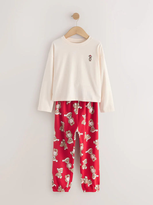 |Girl| Pijama Estilo Jogger De Natal Com Urso Creme/Vermelho (9 meses a 16 anos)