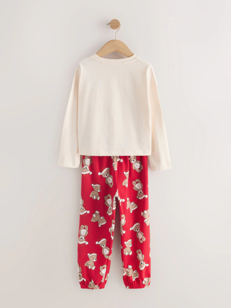 |Girl| Pijama Estilo Jogger De Natal Com Urso Creme/Vermelho (9 meses a 16 anos)
