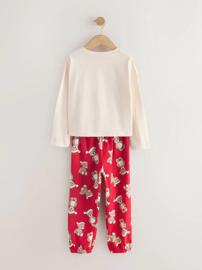 |Girl| Pijama Estilo Jogger De Natal Com Urso Creme/Vermelho (9 meses a 16 anos)