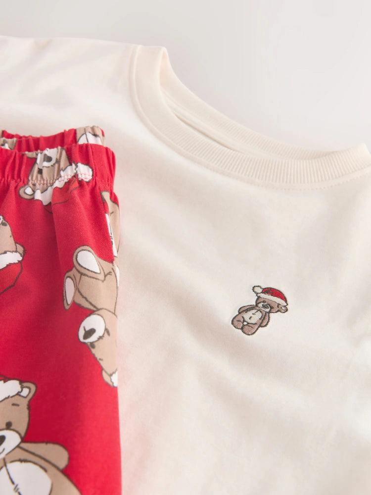 |Girl| Pijama Estilo Jogger De Natal Com Urso Creme/Vermelho (9 meses a 16 anos)