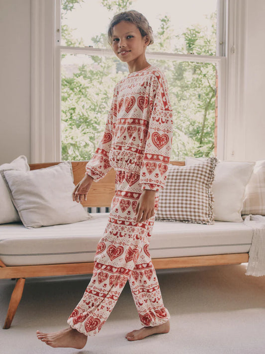 |BigGirl| Pijama De Lã Aconchegante De Natal Fairisle Vermelho/cru (3-16 anos)