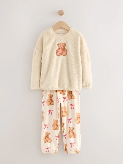 |BigGirl| Conjunto De Pijama De Lã Com Apliques De Urso Creme (12 meses a 16 anos)