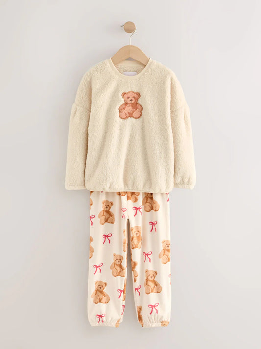 |BigGirl| Conjunto De Pijama De Lã Com Apliques De Urso Creme (12 meses a 16 anos)