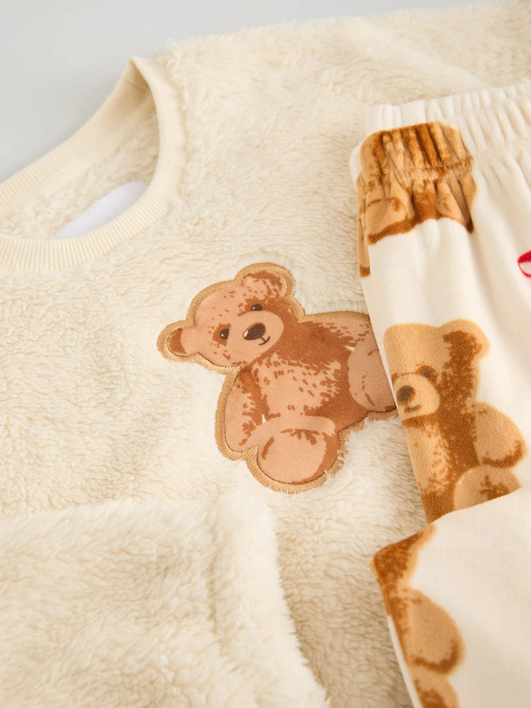 |BigGirl| Conjunto De Pijama De Lã Com Apliques De Urso Creme (12 meses a 16 anos)