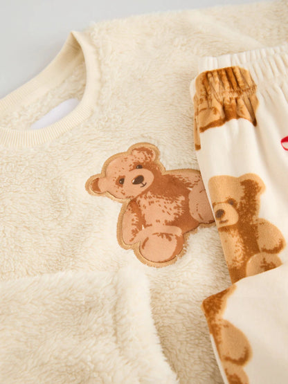 |BigGirl| Conjunto De Pijama De Lã Com Apliques De Urso Creme (12 meses a 16 anos)