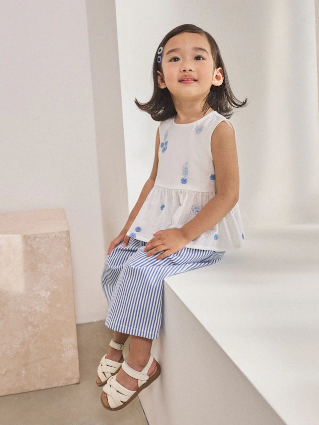 |Girl| Conjunto Coordenado De Blusa e Calça Bordadas Azul/Brancas (3 meses a 8 anos)