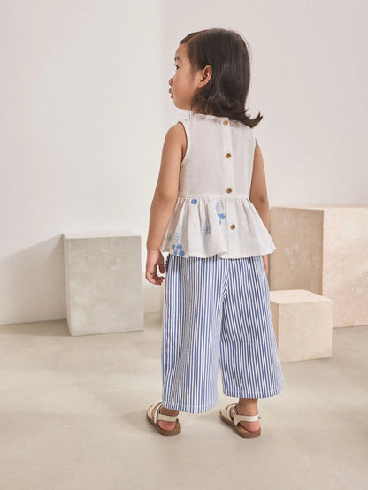 |Girl| Conjunto Coordenado De Blusa e Calça Bordadas Azul/Brancas (3 meses a 8 anos)