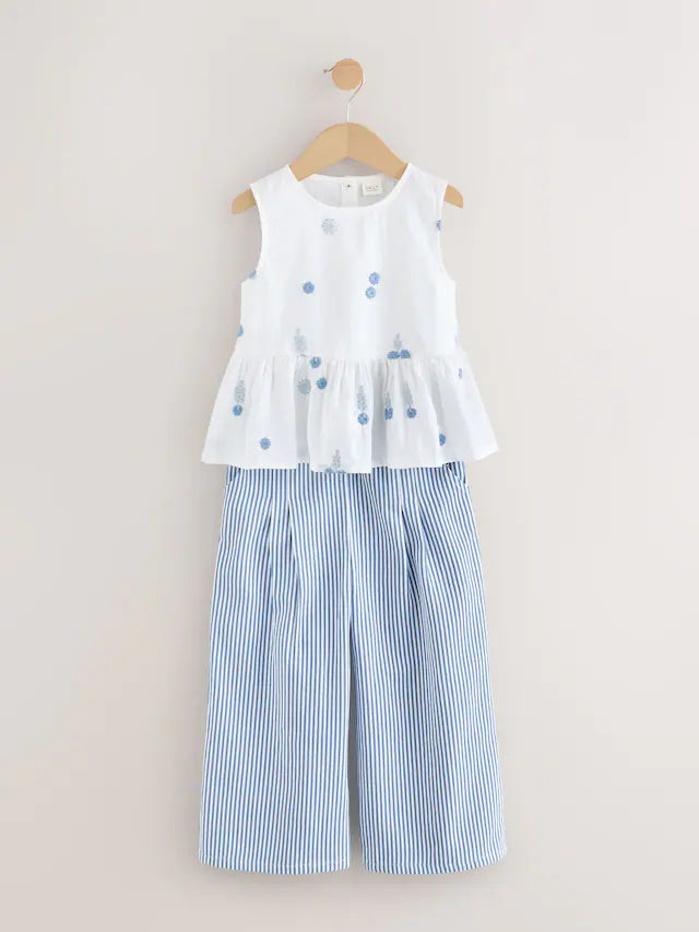 |Girl| Conjunto Coordenado De Blusa e Calça Bordadas Azul/Brancas (3 meses a 8 anos)