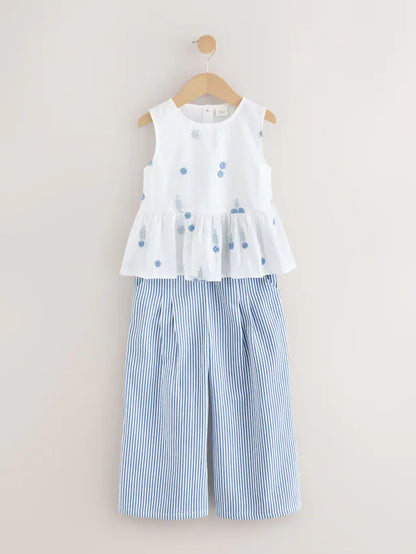 |Girl| Conjunto Coordenado De Blusa e Calça Bordadas Azul/Brancas (3 meses a 8 anos)