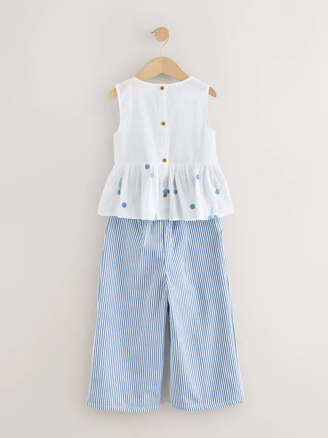 |Girl| Conjunto Coordenado De Blusa e Calça Bordadas Azul/Brancas (3 meses a 8 anos)