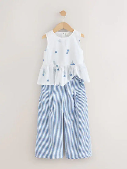 |Girl| Conjunto Coordenado De Blusa e Calça Bordadas Azul/Brancas (3 meses a 8 anos)