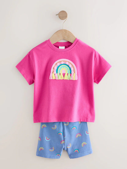 |Girl| Conjunto De Camiseta De Manga Curta e Shorts De Ciclismo Rosa Arco-Iris (3 meses a 6 anos)