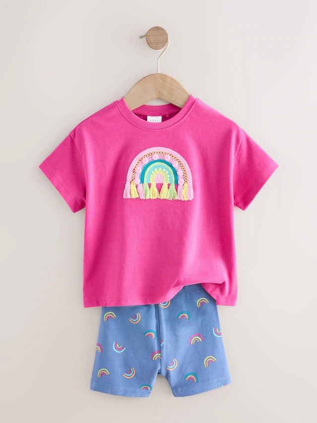 |Girl| Conjunto De Camiseta De Manga Curta e Shorts De Ciclismo Rosa Arco-Iris (3 meses a 6 anos)