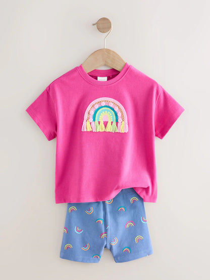 |Girl| Conjunto De Camiseta De Manga Curta e Shorts De Ciclismo Rosa Arco-Iris (3 meses a 6 anos)