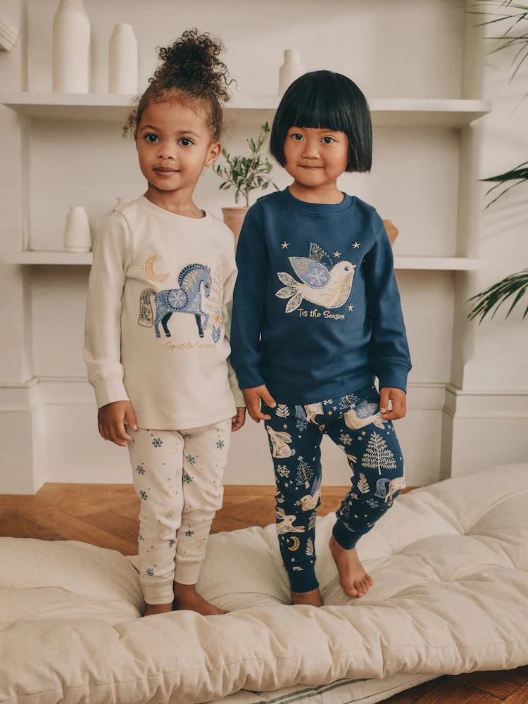 |Girl| Pijama De Natal Com Estampa De Cavalo Azul Marinho/Creme, Pacote Com 2 (9 meses a 12 anos)
