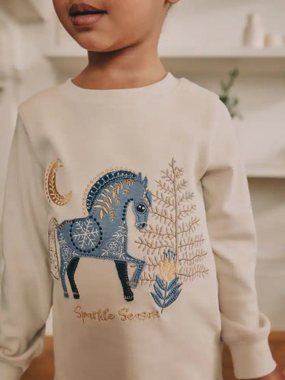 |Girl| Pijama De Natal Com Estampa De Cavalo Azul Marinho/Creme, Pacote Com 2 (9 meses a 12 anos)