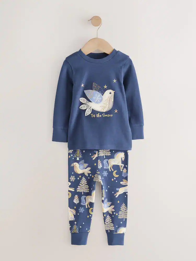 |Girl| Pijama De Natal Com Estampa De Cavalo Azul Marinho/Creme, Pacote Com 2 (9 meses a 12 anos)