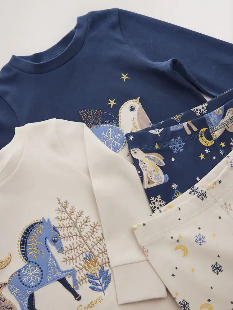 |Girl| Pijama De Natal Com Estampa De Cavalo Azul Marinho/Creme, Pacote Com 2 (9 meses a 12 anos)